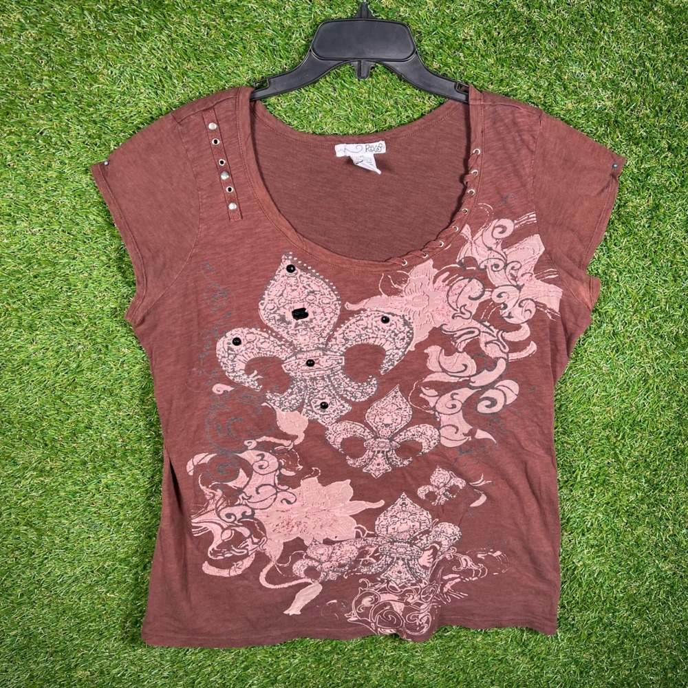 RXB Womens XL Brown Fleur De Lis Graphic Studded Lace Up Neck Cap Sleeve T-Shirt
